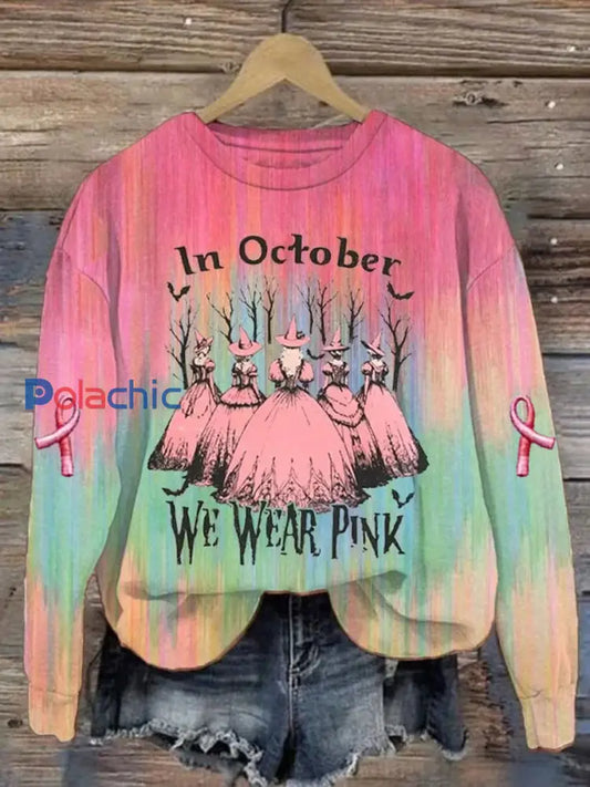 Casual Vintage Octobre des femmes nous portons rose sorcière rose ruban Sweatshirt comme image / S