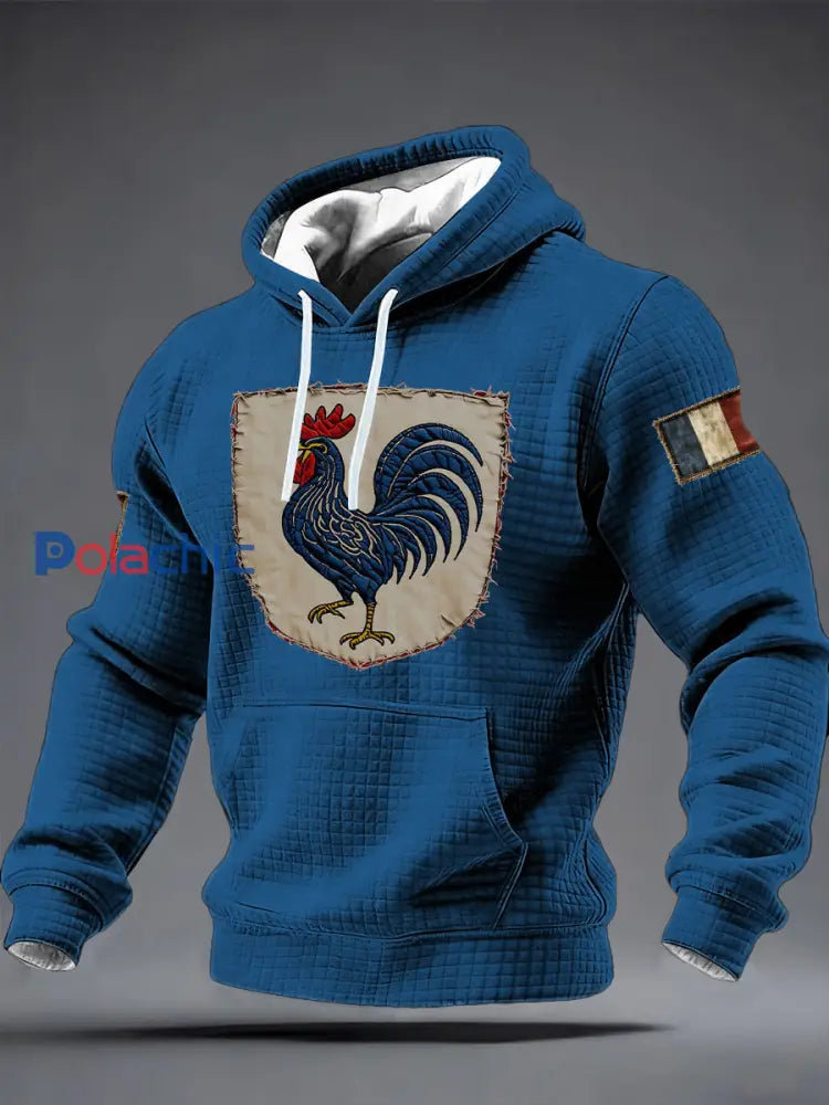 Chandail à capuchon à carreaux Français Le Coq Gaulois en coton pour homme Bleu / S