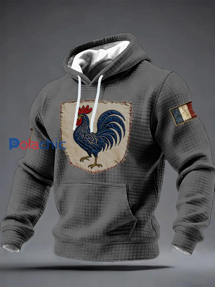 Chandail à capuchon à carreaux Français Le Coq Gaulois en coton pour homme Gris / S