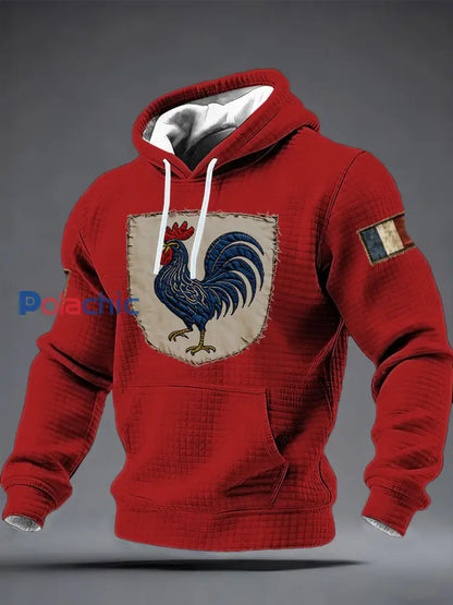 Chandail à capuchon à carreaux Français Le Coq Gaulois en coton pour homme Rouge / S