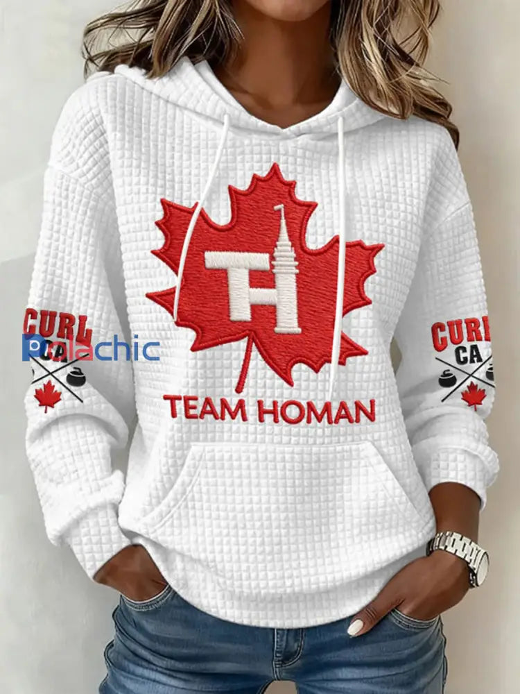 Chandail à capuchon décontracté Canadian Curling Print pour femmes Blanc / S