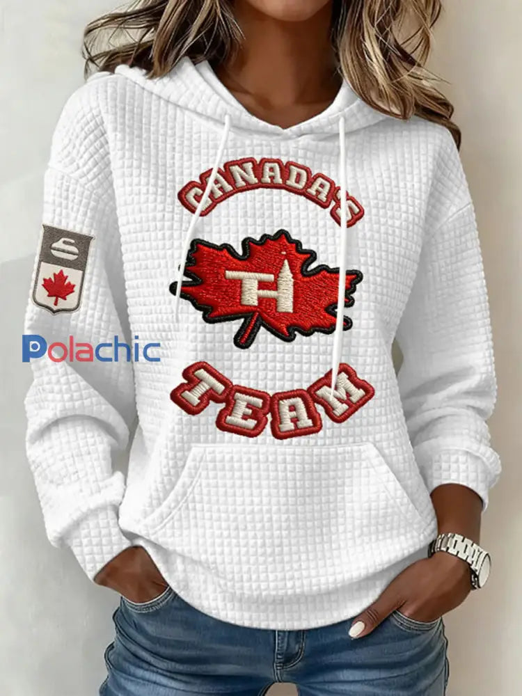Chandail à capuchon décontracté Canadian Curling Print pour femmes Blanc / S