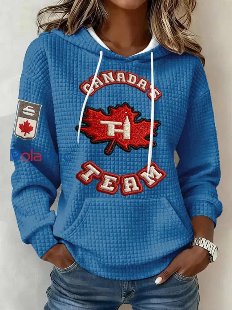 Chandail à capuchon décontracté Canadian Curling Print pour femmes Bleu / S