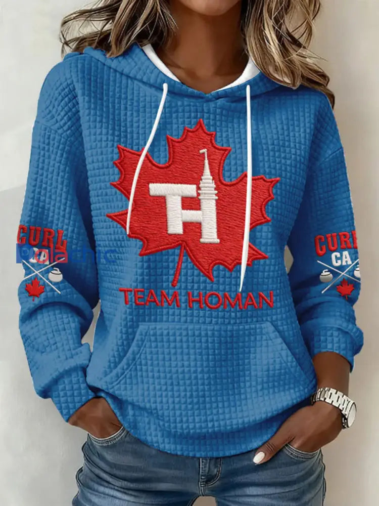 Chandail à capuchon décontracté Canadian Curling Print pour femmes Bleu / S