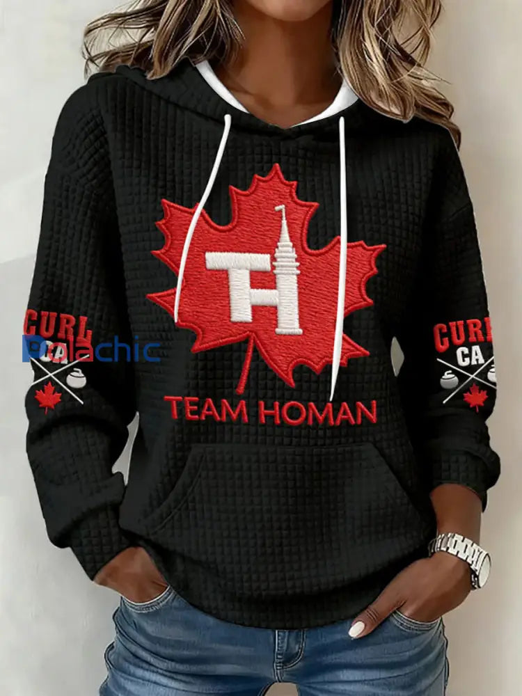Chandail à capuchon décontracté Canadian Curling Print pour femmes Noir / S