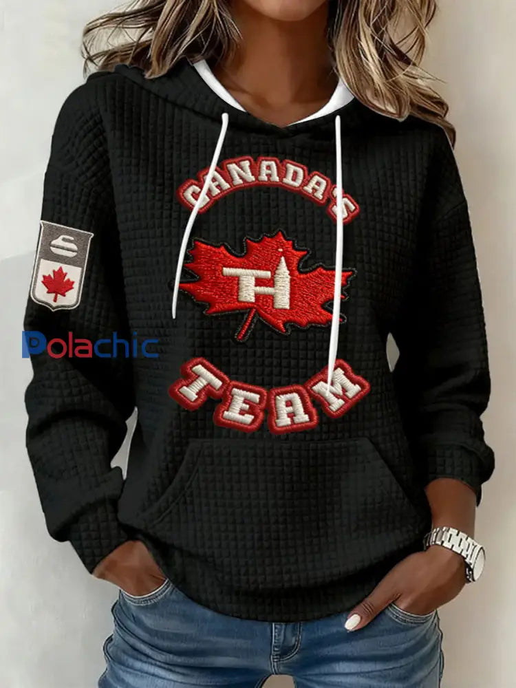 Chandail à capuchon décontracté Canadian Curling Print pour femmes Noir / S