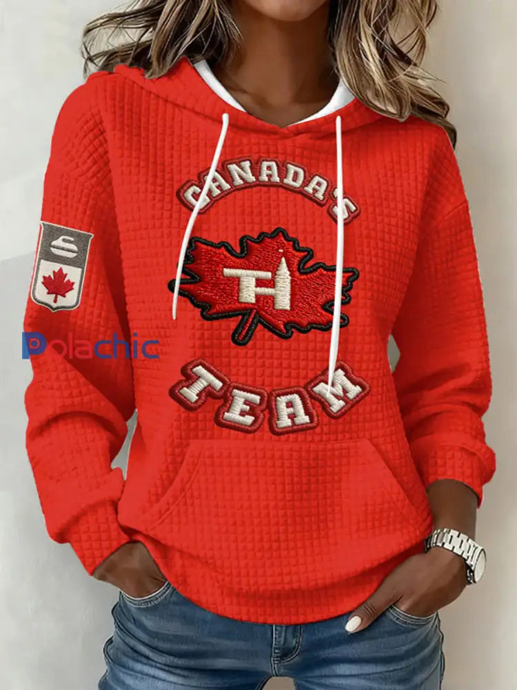 Chandail à capuchon décontracté Canadian Curling Print pour femmes Rouge / S