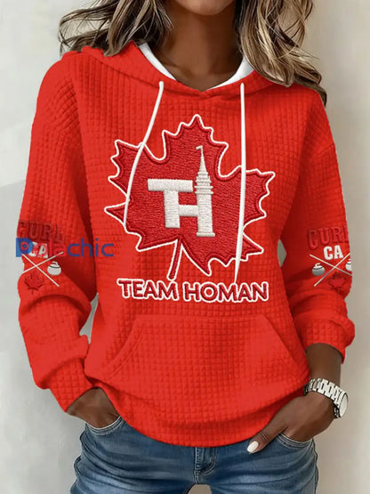 Chandail à capuchon décontracté Canadian Curling Print pour femmes Rouge / S