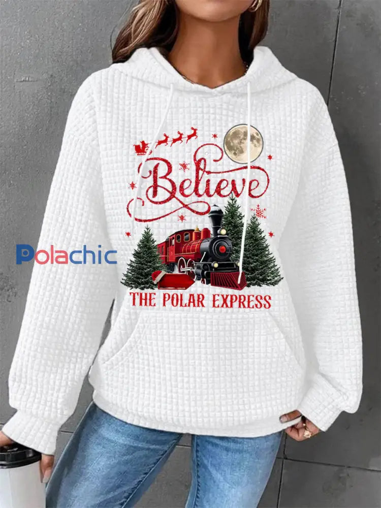 Chandail à capuchon décontracté Waffle Christmas Believe The Polar Express pour femme Blanc / S