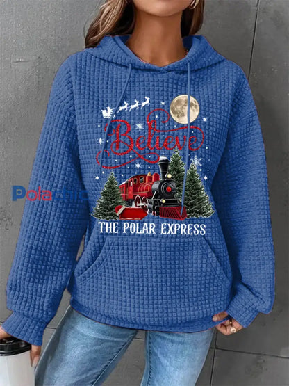Chandail à capuchon décontracté Waffle Christmas Believe The Polar Express pour femme Bleu / S