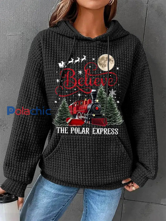 Chandail à capuchon décontracté Waffle Christmas Believe The Polar Express pour femme Noir / S