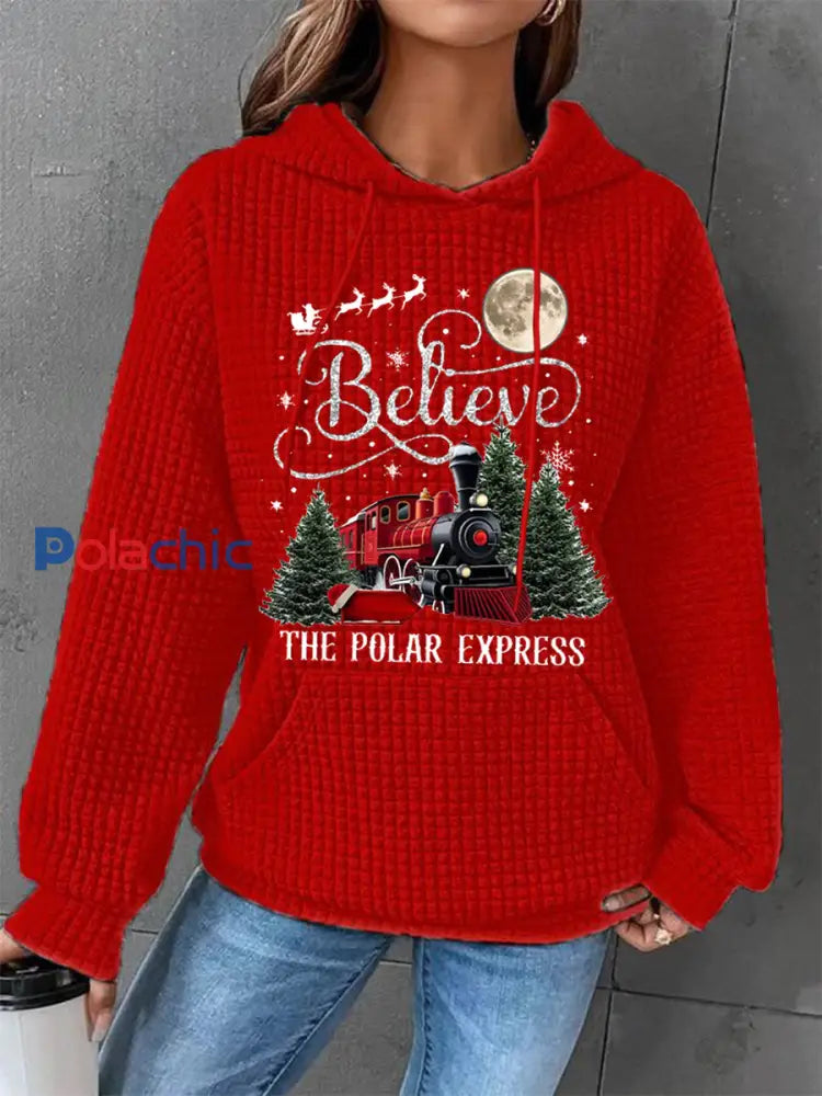 Chandail à capuchon décontracté Waffle Christmas Believe The Polar Express pour femme Rouge / S