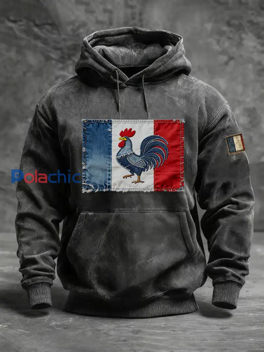 Chandail à capuchon Drapeau Français Le Coq Gaulois Coupe standard Homme Noir / S