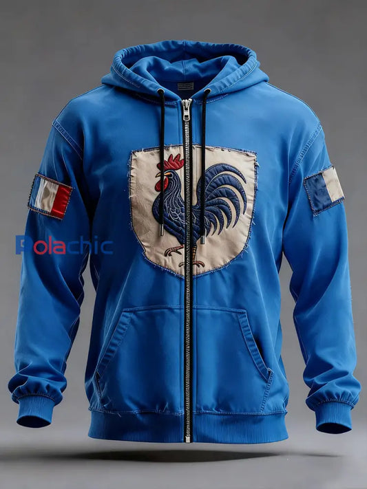 Chandail à capuchon Drapeau Français Le Coq Gaulois Homme Bleu / S