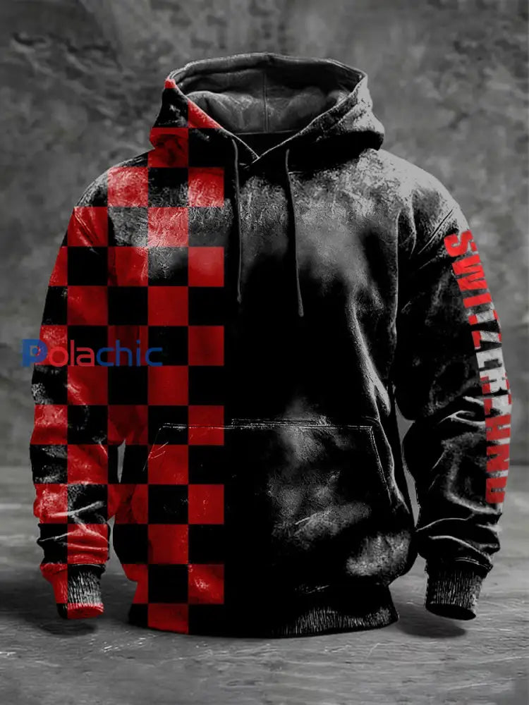 Chandail à capuchon Edgy à carreaux rouge et noir à imprimé suisse Homme Multicolore / S