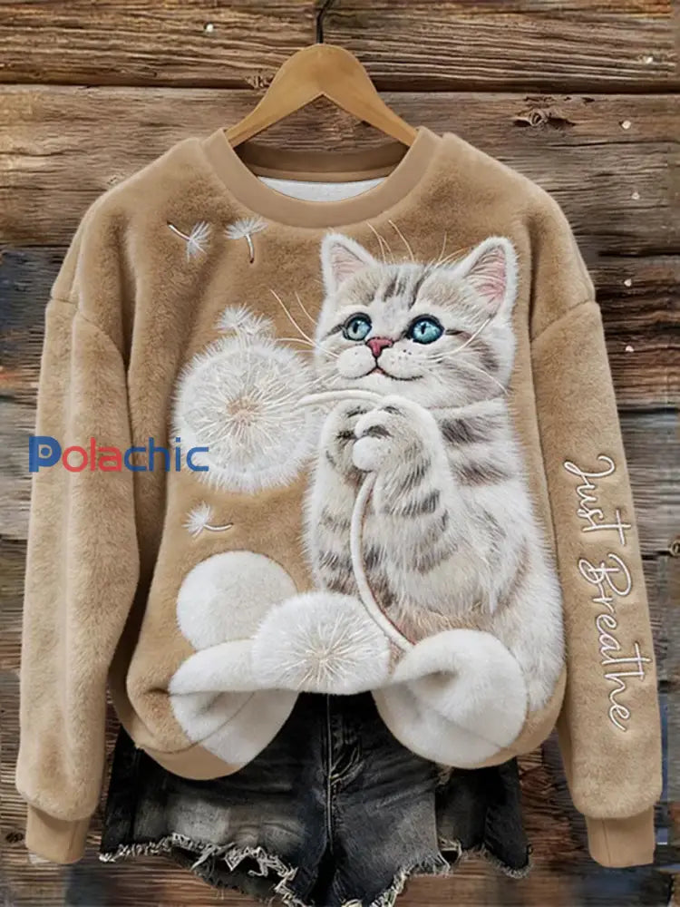 Chandail à capuchon en flanelle Just Breathe Fuzzy Cat & Dandelion Femme comme image / S