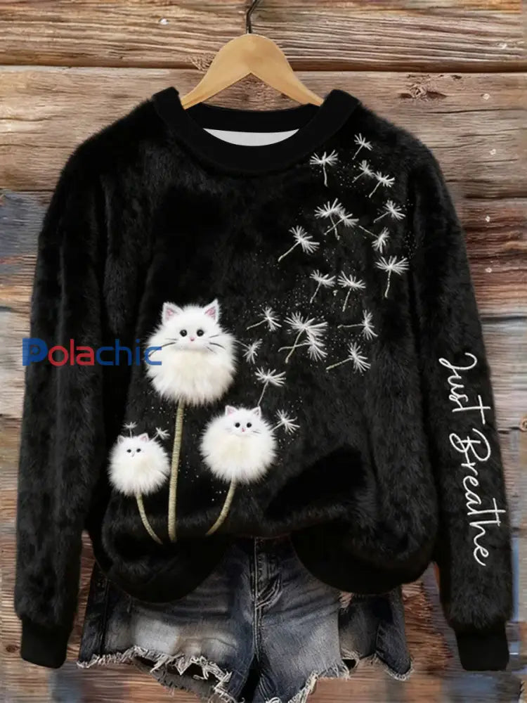 Chandail à capuchon en flanelle Just Breathe Fuzzy Cat & Dandelion Femme Noir / S