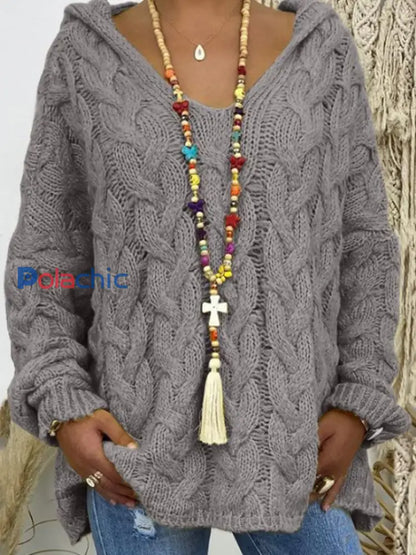 Chandail à capuchon en tricot torsadé à manches longues Femme Gris / S