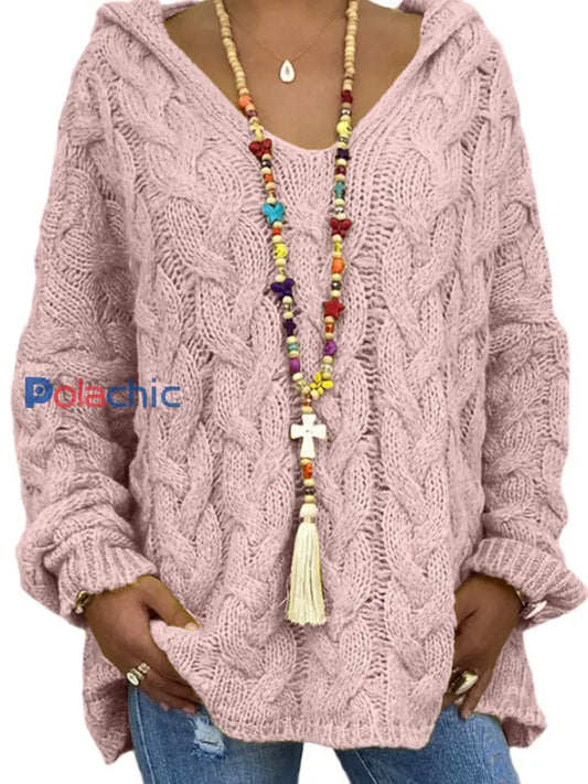 Chandail à capuchon en tricot torsadé à manches longues Femme Rose / S
