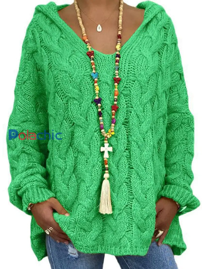 Chandail à capuchon en tricot torsadé à manches longues Femme Vert / S