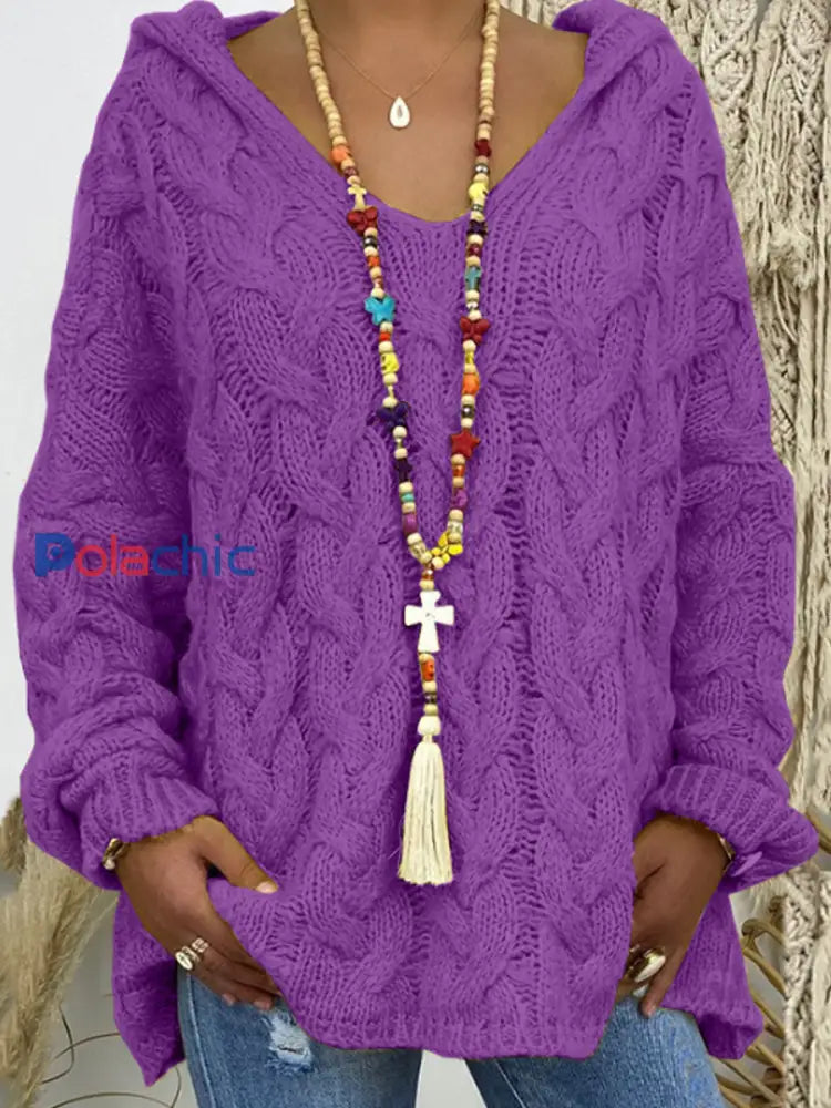 Chandail à capuchon en tricot torsadé à manches longues Femme Violet / S