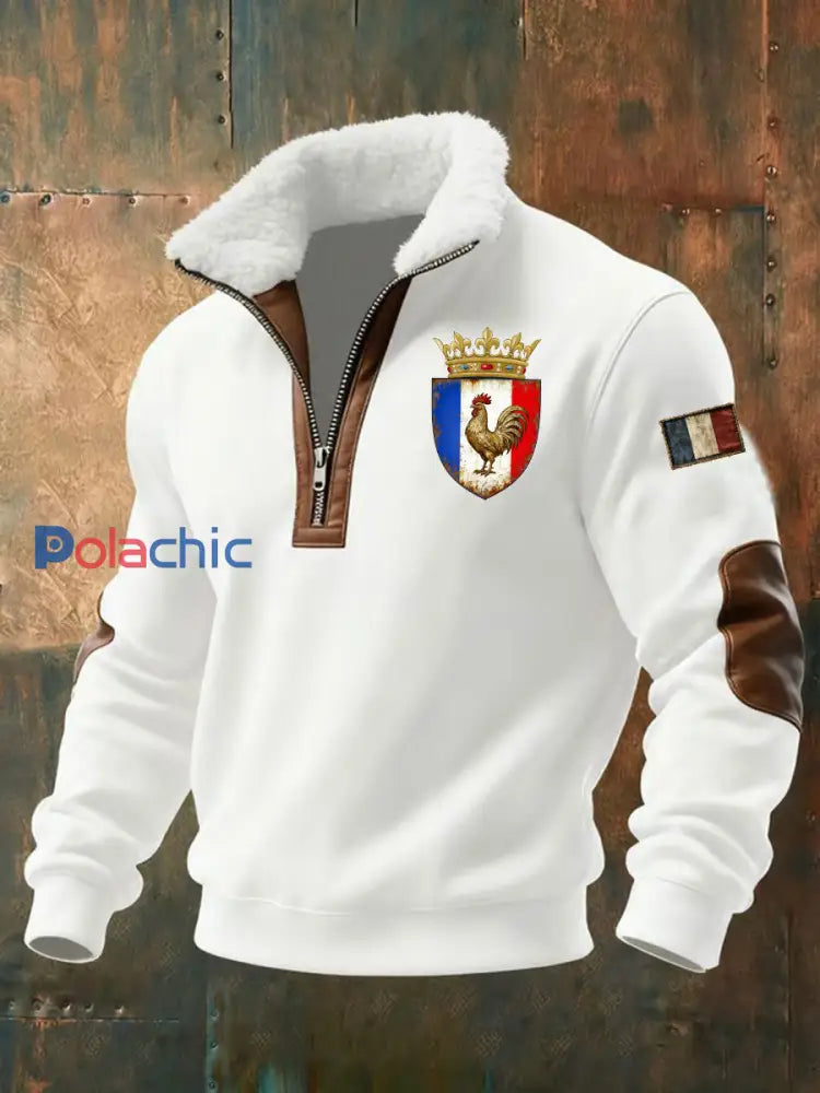 Chandail à capuchon à glissière Baggy Drapeau Français Le Coq Gaulois pour homme Blanc / S