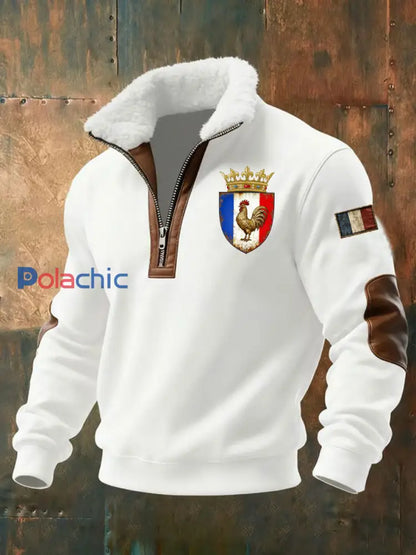 Chandail à capuchon à glissière Baggy Drapeau Français Le Coq Gaulois pour homme Blanc / S