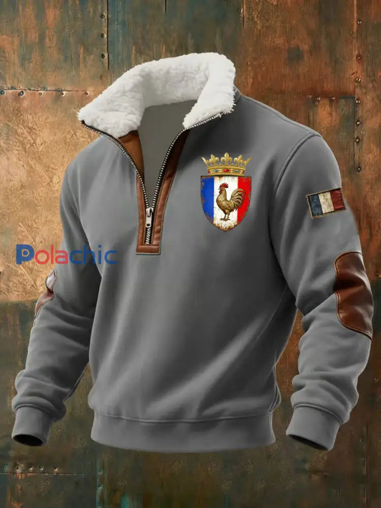 Chandail à capuchon à glissière Baggy Drapeau Français Le Coq Gaulois pour homme Gris / S