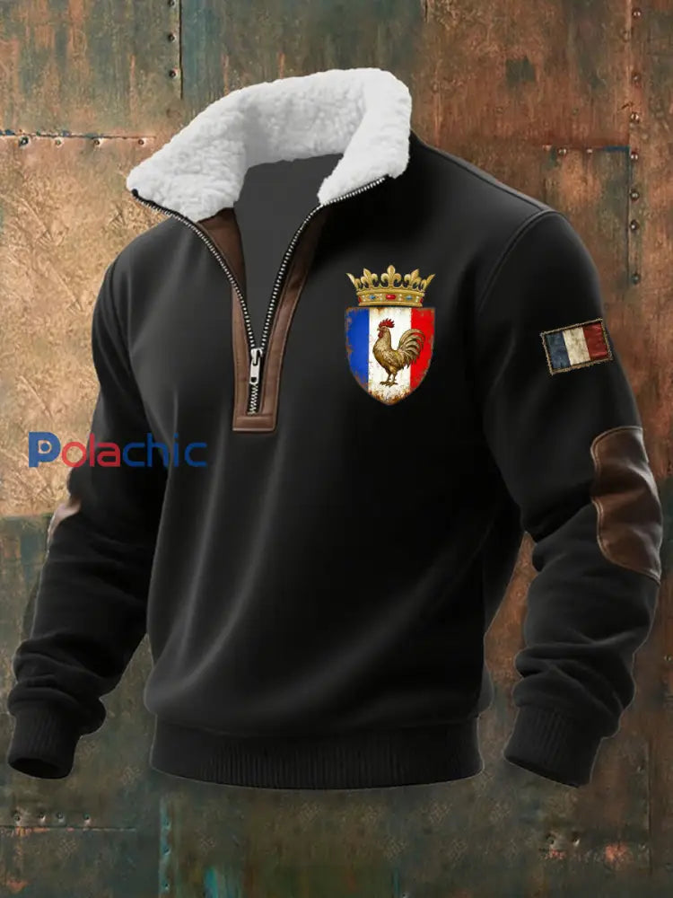 Chandail à capuchon à glissière Baggy Drapeau Français Le Coq Gaulois pour homme Noir / S