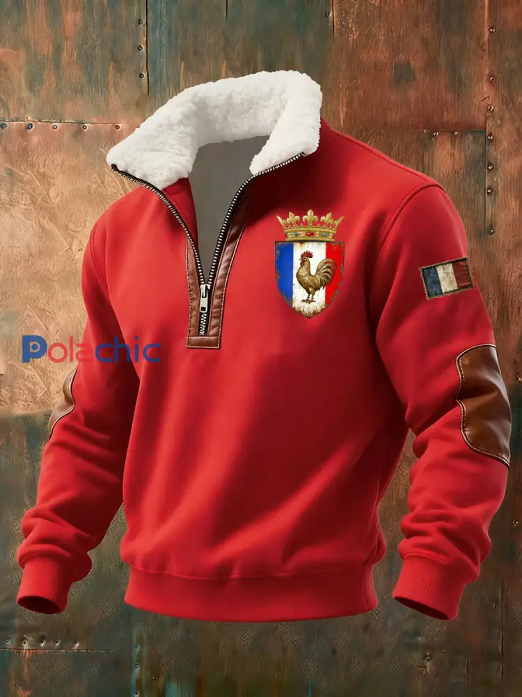Chandail à capuchon à glissière Baggy Drapeau Français Le Coq Gaulois pour homme Rouge / S