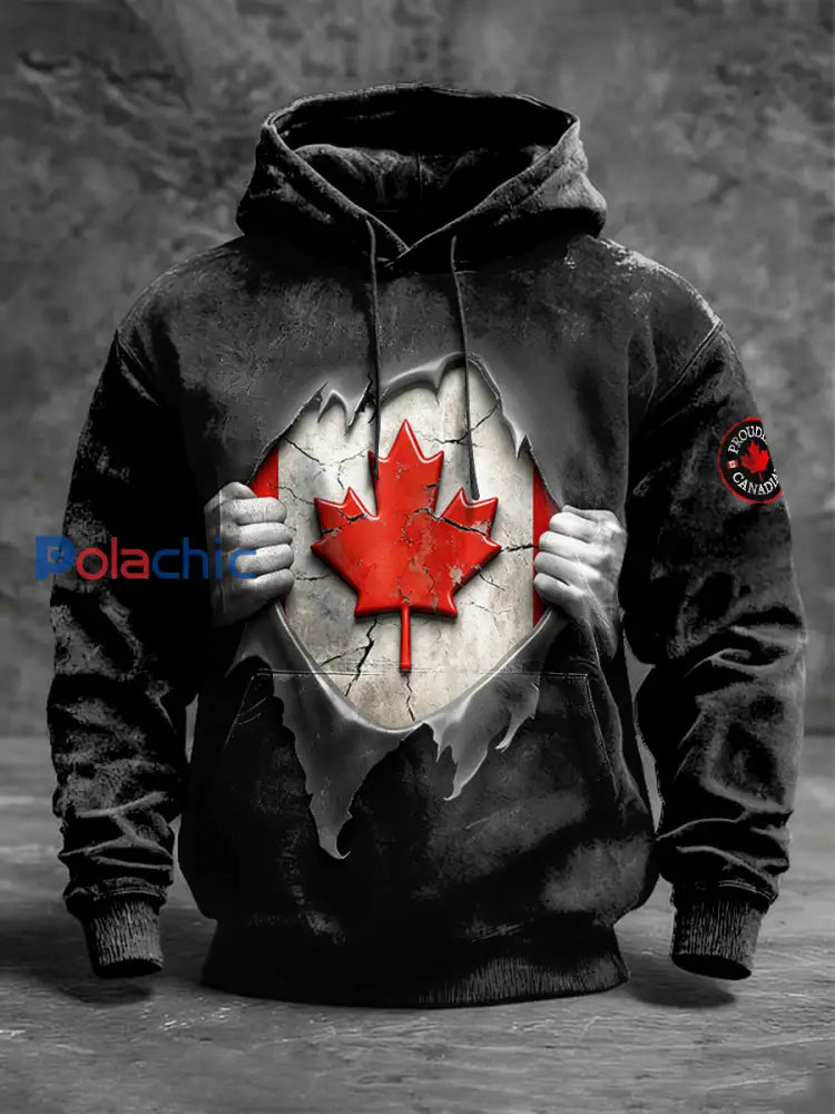 Chandail à capuchon imprimé drapeau du Canada 3D pour hommes noir Noir / S