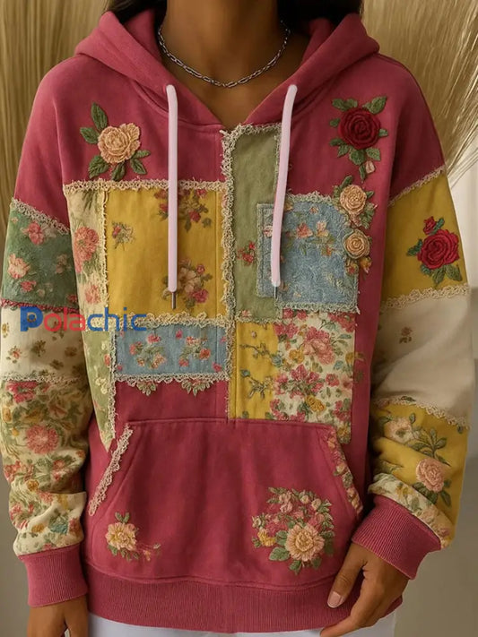 Chandail à capuchon Retro Art Floral Femme comme image / S