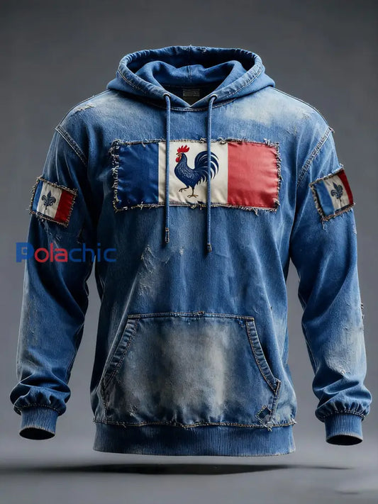 Chandail à capuchon surdimensionné avec poches Drapeau Français Le Coq Gaulois Homme Bleu / S