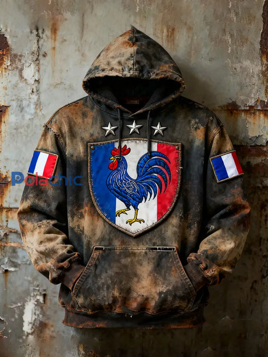 Chandail à capuchon surdimensionné avec poches Drapeau Français Le Coq Gaulois Homme comme image / S