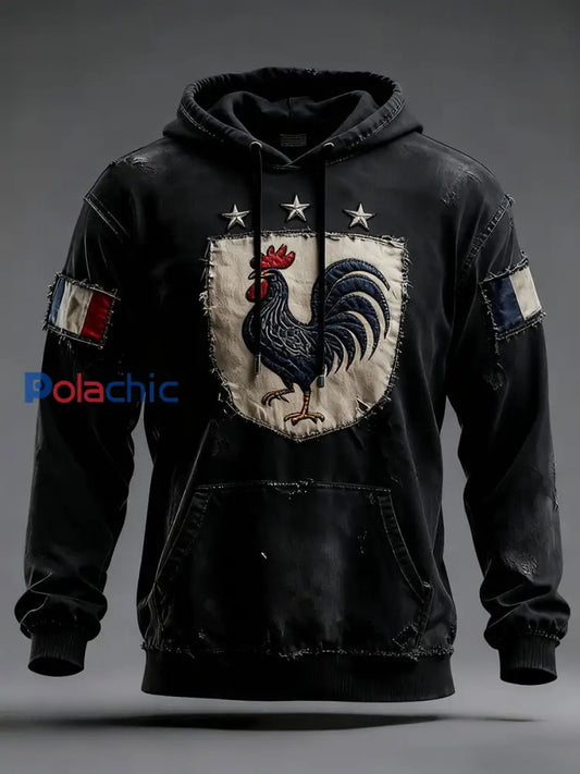 Chandail à capuchon surdimensionné avec poches Drapeau Français Le Coq Gaulois Homme Noir / S