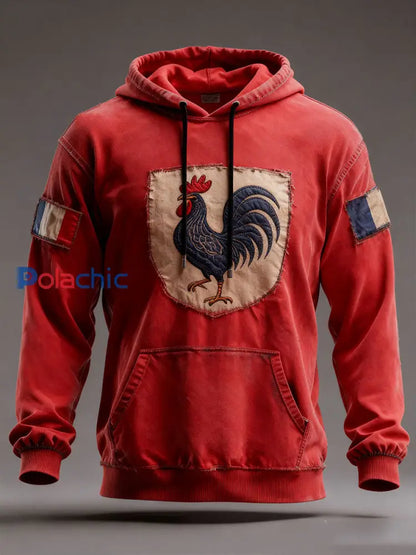 Chandail à capuchon surdimensionné avec poches Drapeau Français Le Coq Gaulois Homme Rouge / S
