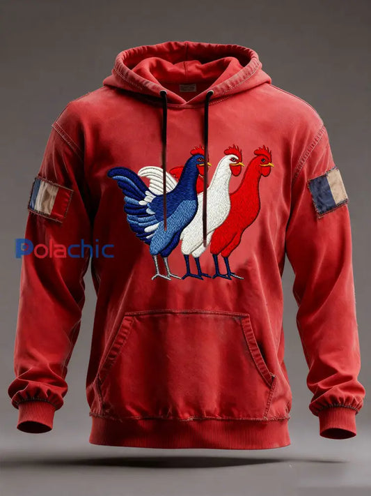 Chandail à capuchon surdimensionné avec poches Drapeau Français Le Coq Gaulois Homme Rouge / S