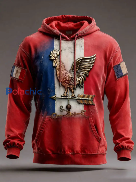 Chandail à capuchon surdimensionné avec poches Drapeau Français Le Coq Gaulois Homme Rouge / S