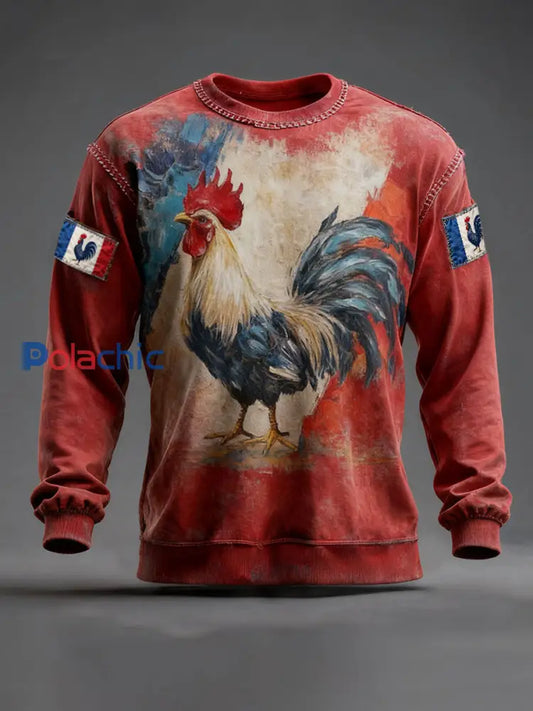 Chandail à col rond Drapeau Français Le Coq Gaulois Homme Rouge / S