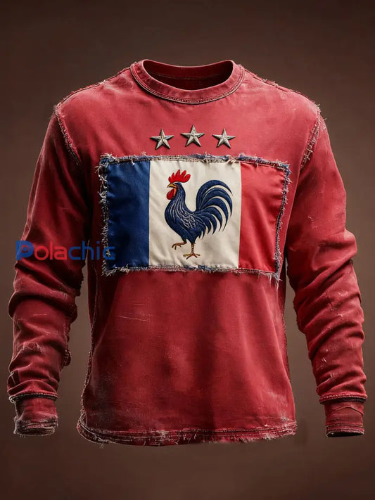 Chandail à col rond Drapeau Français Le Coq Gaulois Homme Rouge / S
