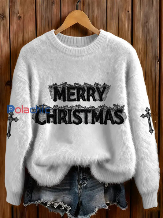 Chandail confortable imprimé de Noël gothique à col rond pour femmes Blanc / S