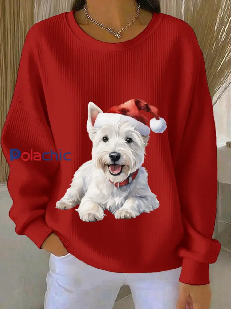 Chandail de Noël Westie West Highland à col rond côtelé pour femme Terrier blanc Rouge / S