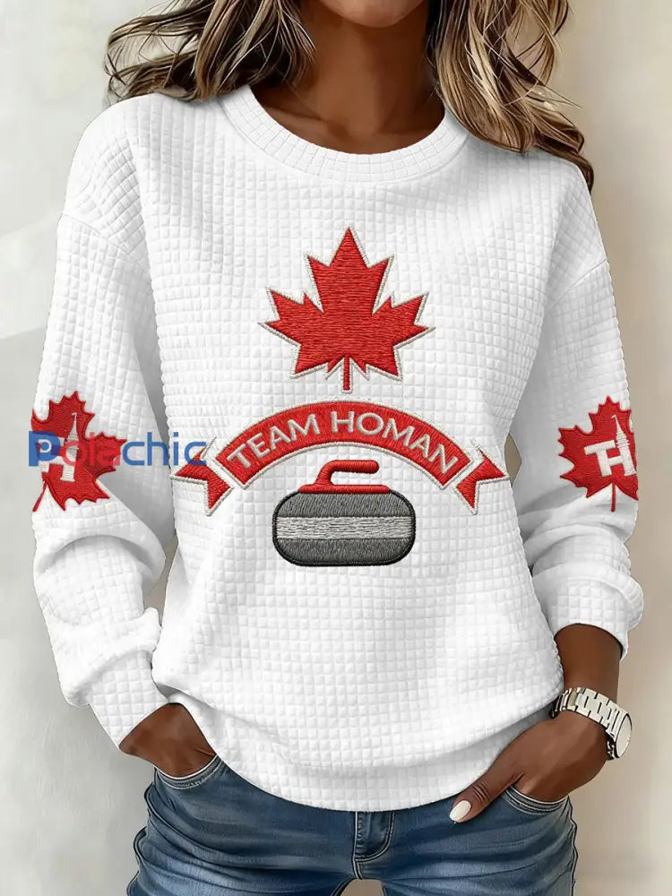 Chandail décontracté à imprimé de curling canadien pour femmes Blanc / S