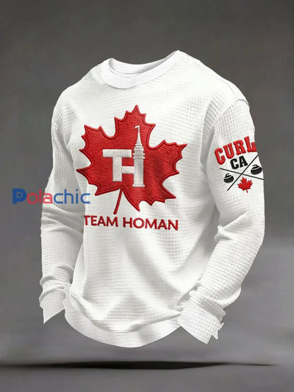 Chandail décontracté imprimé gaufré Canadian Curling pour hommes Blanc / S