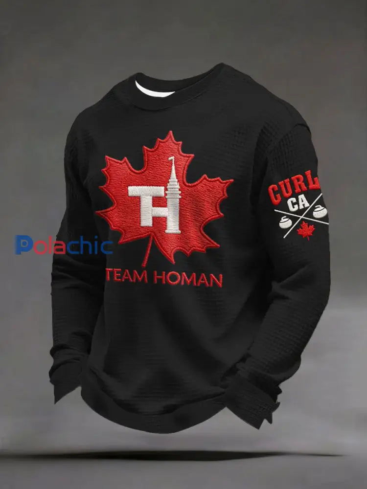 Chandail décontracté imprimé gaufré Canadian Curling pour hommes Noir / S