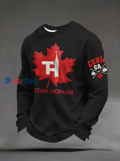 Chandail décontracté imprimé gaufré Canadian Curling pour hommes Noir / S