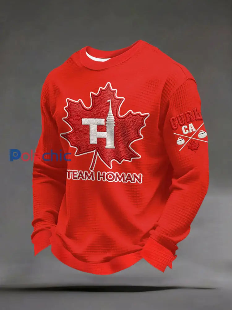 Chandail décontracté imprimé gaufré Canadian Curling pour hommes Rouge / S