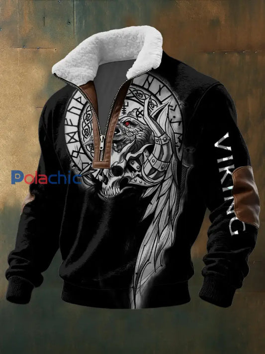 Chandail Edgy Cyber Wolf & Skull Viking à col en sherpa pour homme Multicolore / S