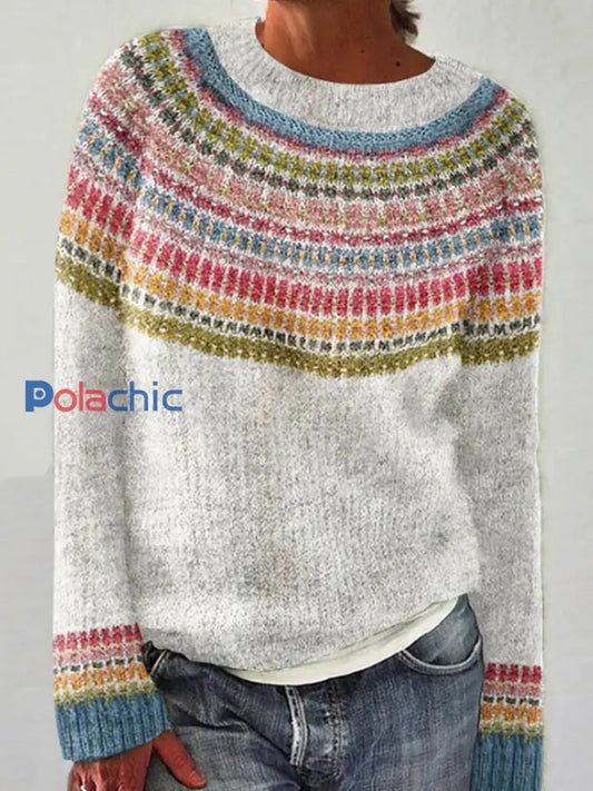 Chandail islandais ras du cou des femmes Loose Pullover Blanc / S