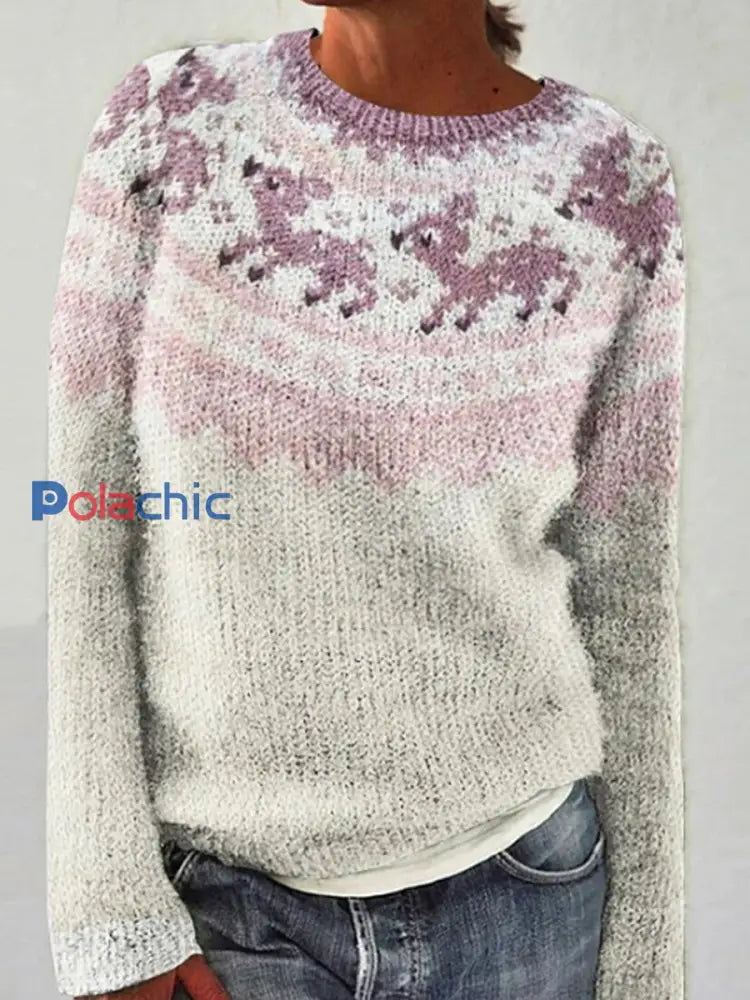 Chandail islandais ras du cou des femmes Loose Pullover Blanc / S